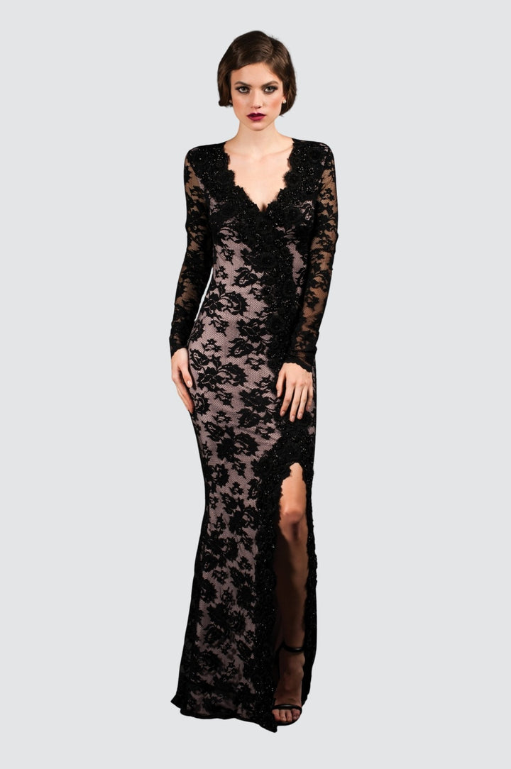 Lace V-Neck Gown with Split