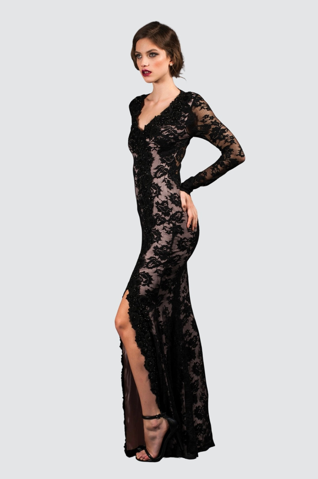 Lace V-Neck Gown with Split