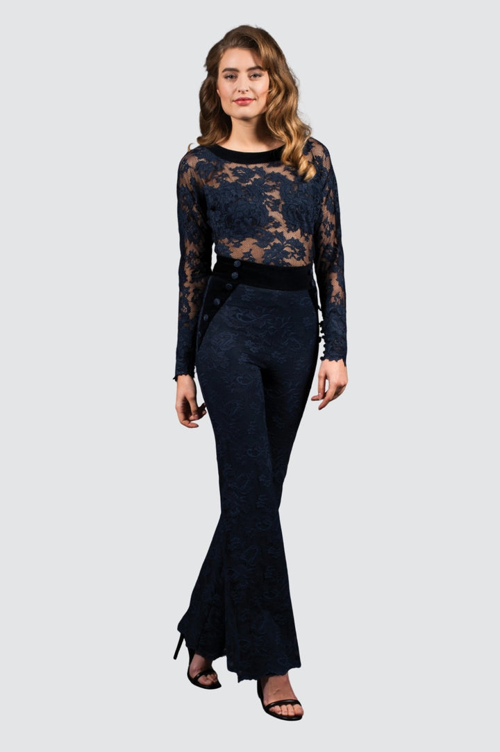 Lace Long-Sleeve Top with Velvet Neckline