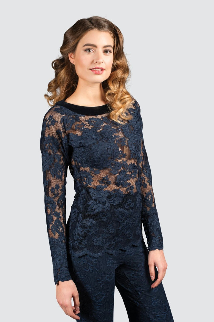 Lace Long-Sleeve Top with Velvet Neckline