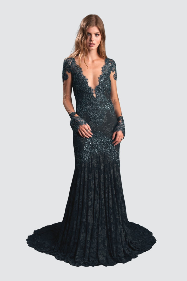 Elegant Black Lace Gown with Sequins
