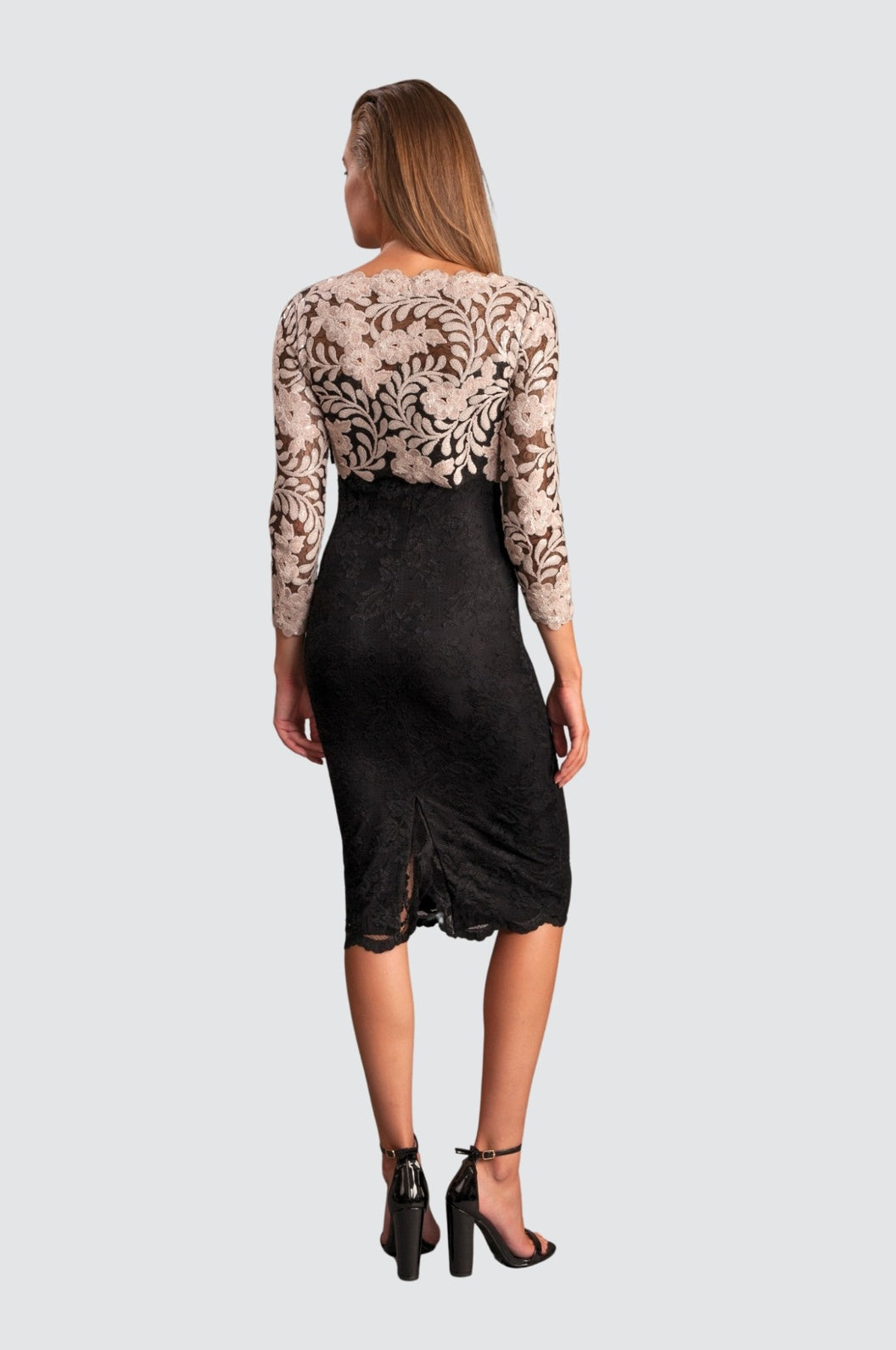 Elegant Black & Ivory Lace Midi Dress with Floral Embroidery