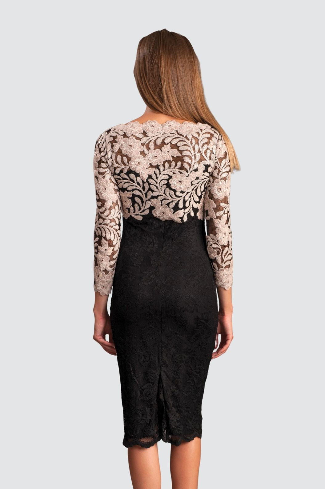 Elegant Black & Ivory Lace Midi Dress with Floral Embroidery