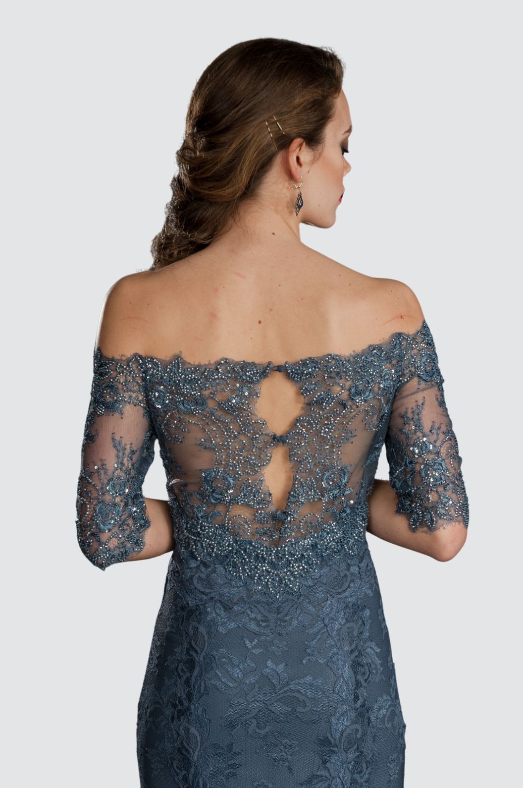 Off-Shoulder Beaded Lace Evening Dress