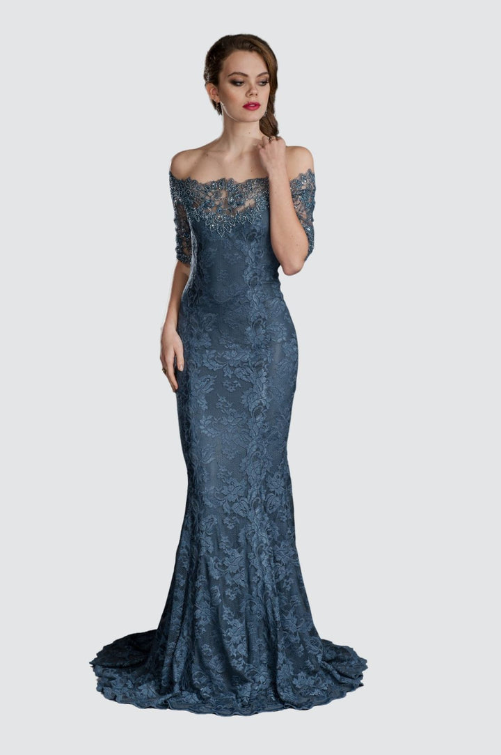 Off-Shoulder Beaded Lace Evening Dress