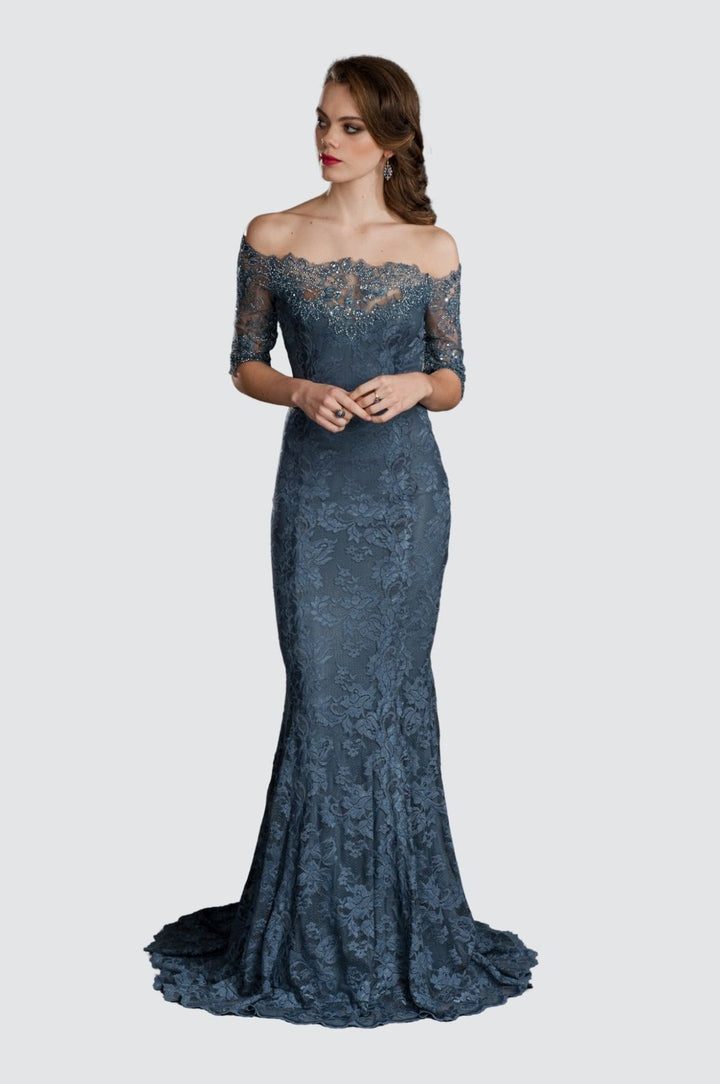Off-Shoulder Beaded Lace Evening Dress