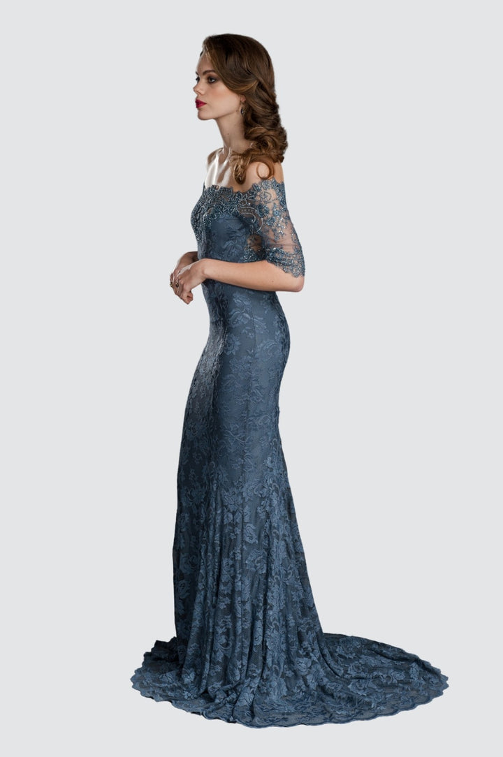 Off-Shoulder Beaded Lace Evening Dress