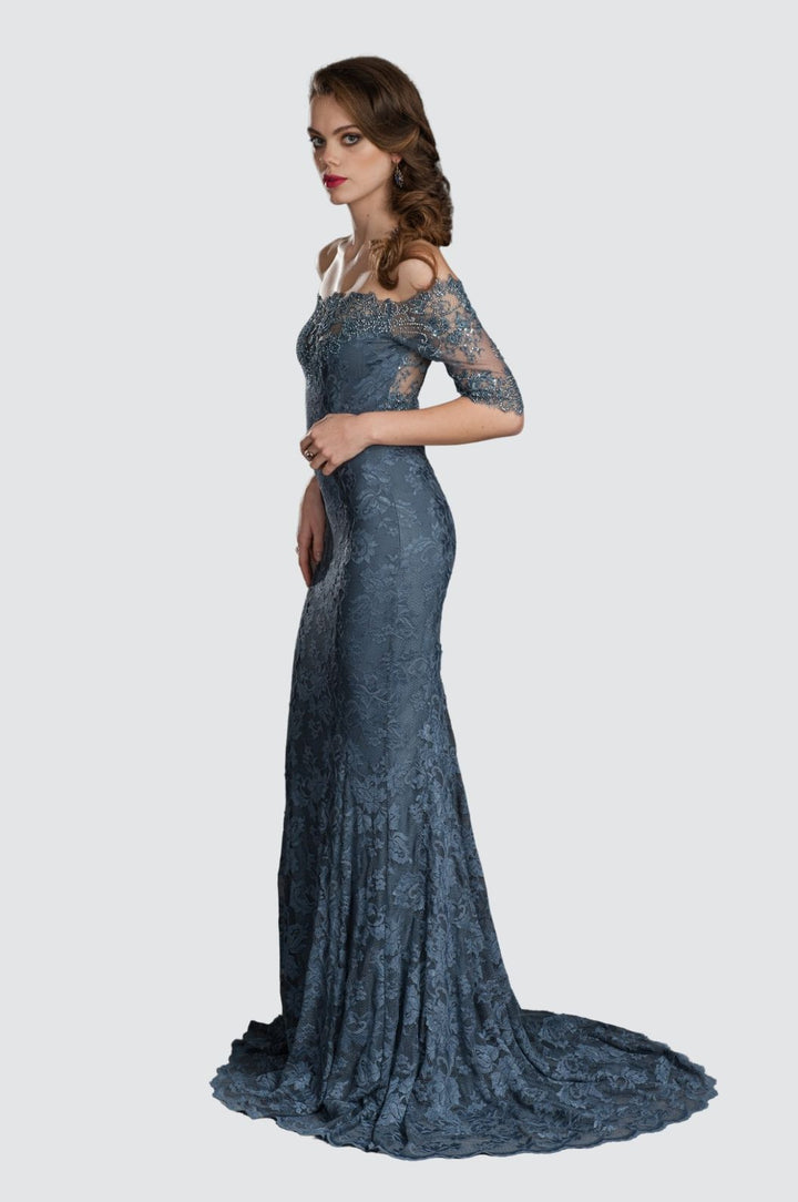 Off-Shoulder Beaded Lace Evening Dress