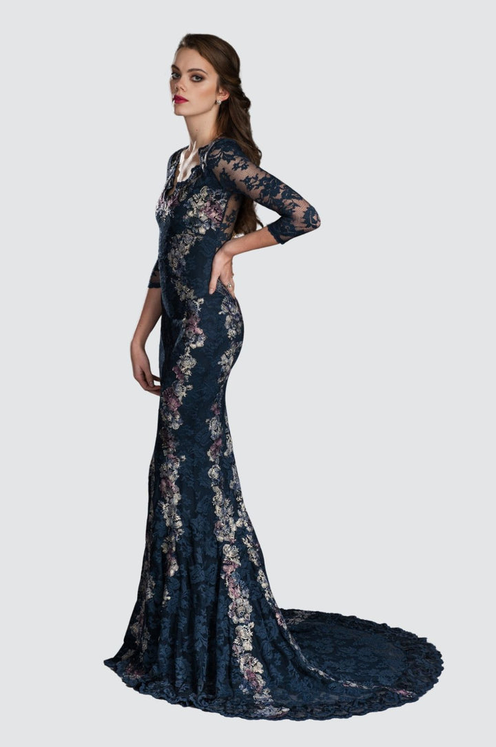 Embroidered Lace Mermaid Gown with Train