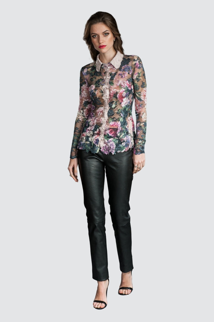 Romantic Long-Sleeve Sheer Floral Lace Blouse