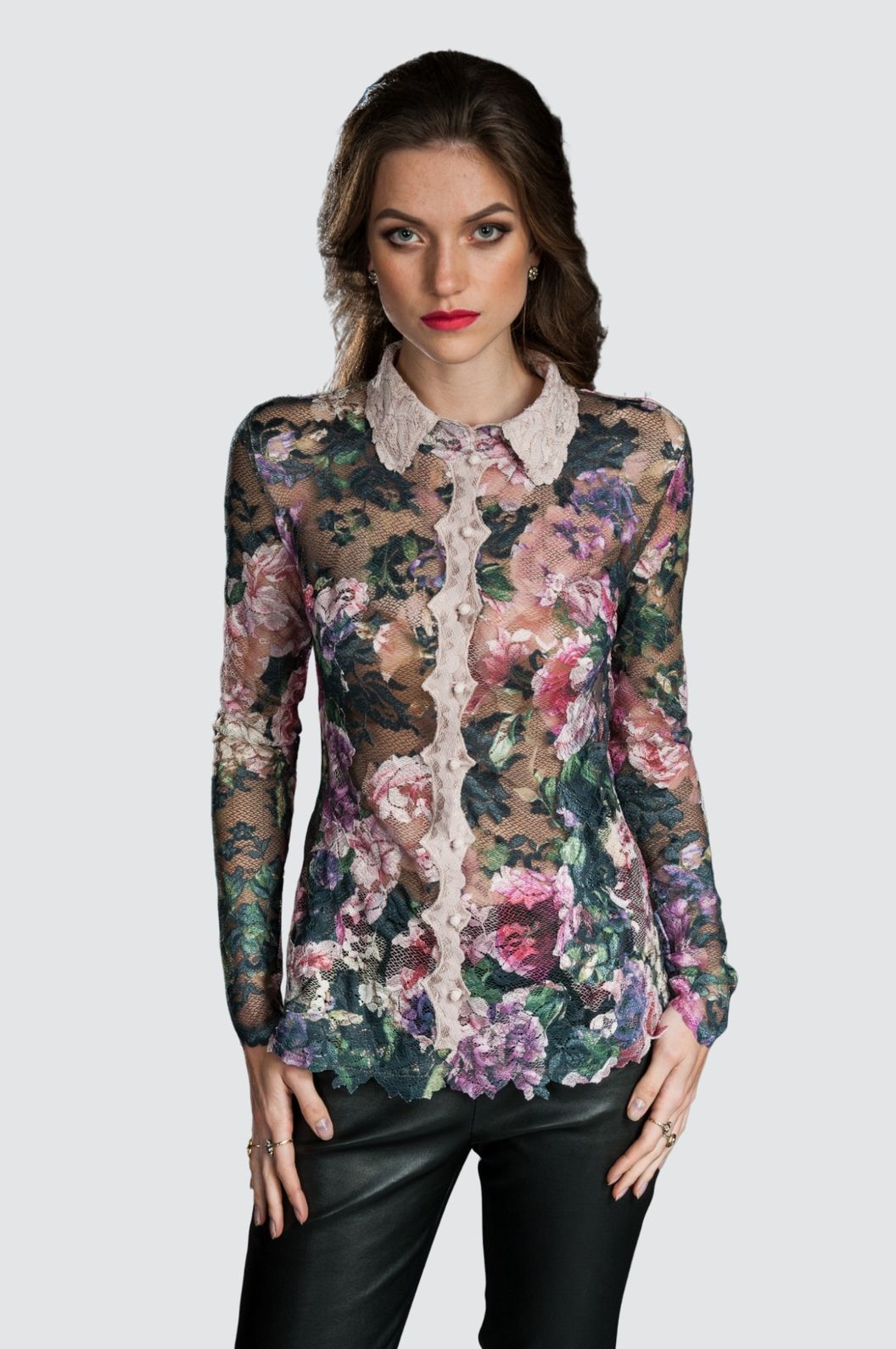 Romantic Long-Sleeve Sheer Floral Lace Blouse