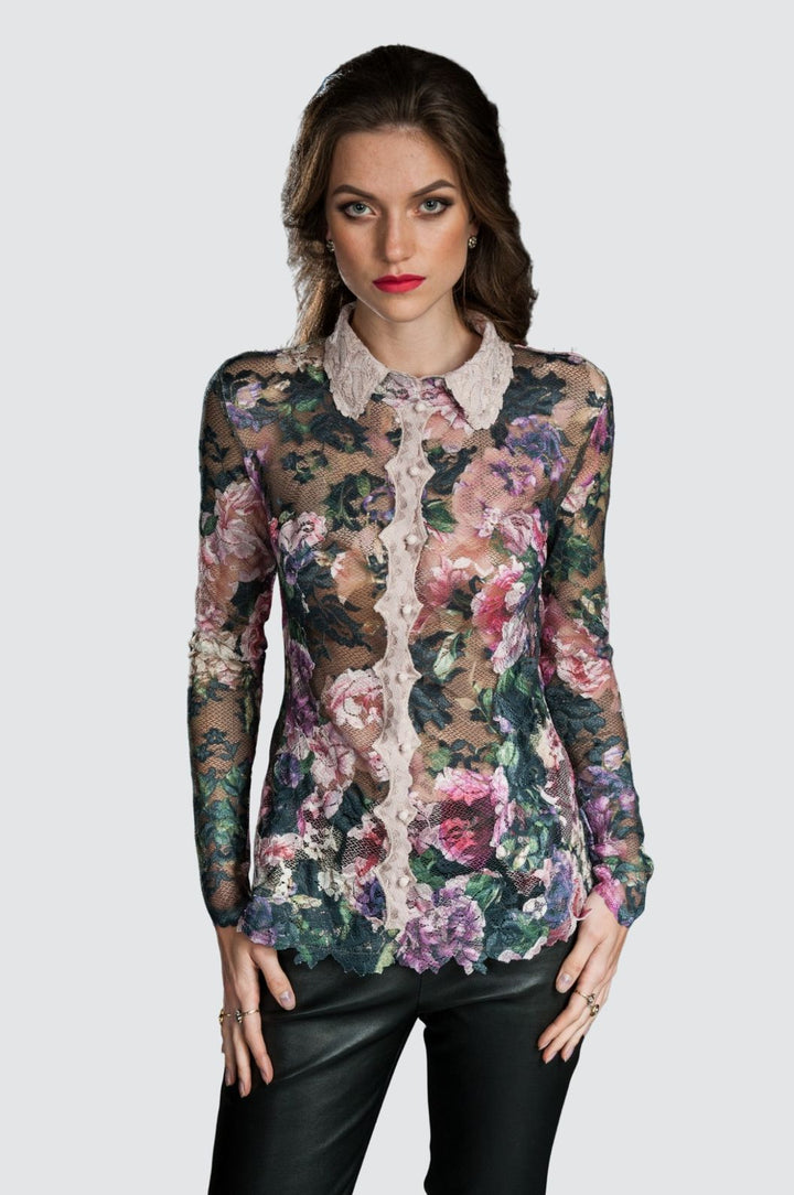 Romantic Long-Sleeve Sheer Floral Lace Blouse