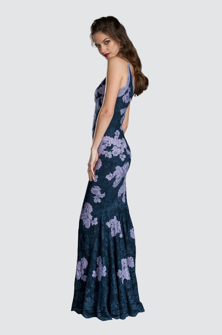 Floral Lace Mermaid Gown with Scalloped V-Neckline
