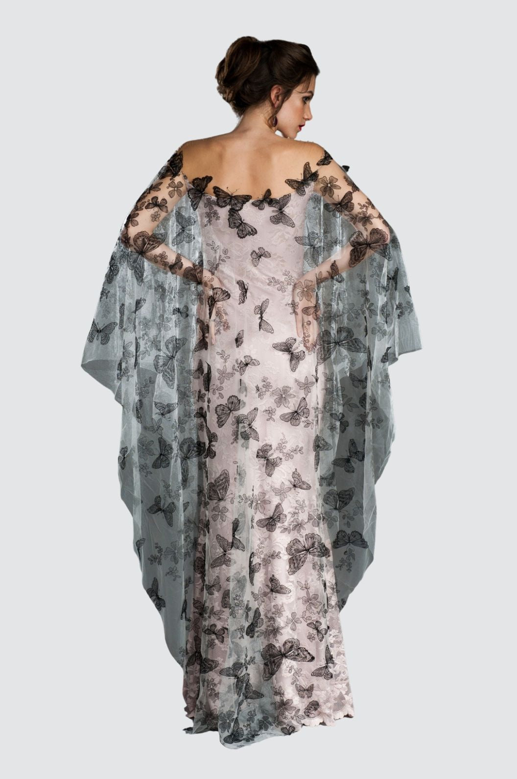 Butterfly Embroidered Tulle Gown with Lace Undergown