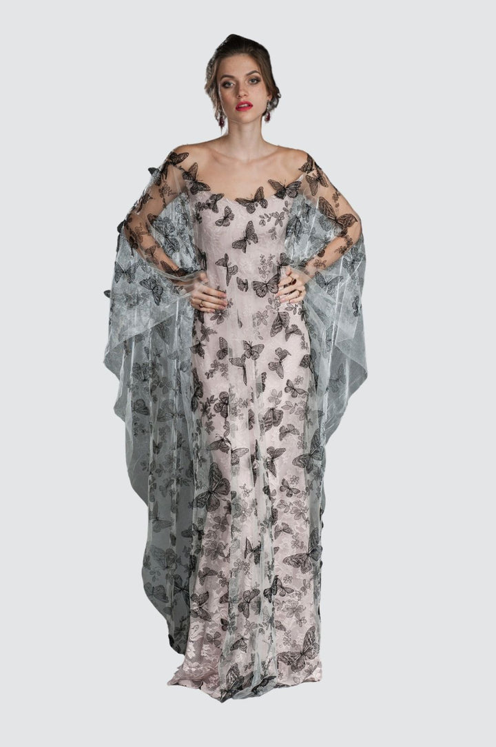 Butterfly Embroidered Tulle Gown with Lace Undergown