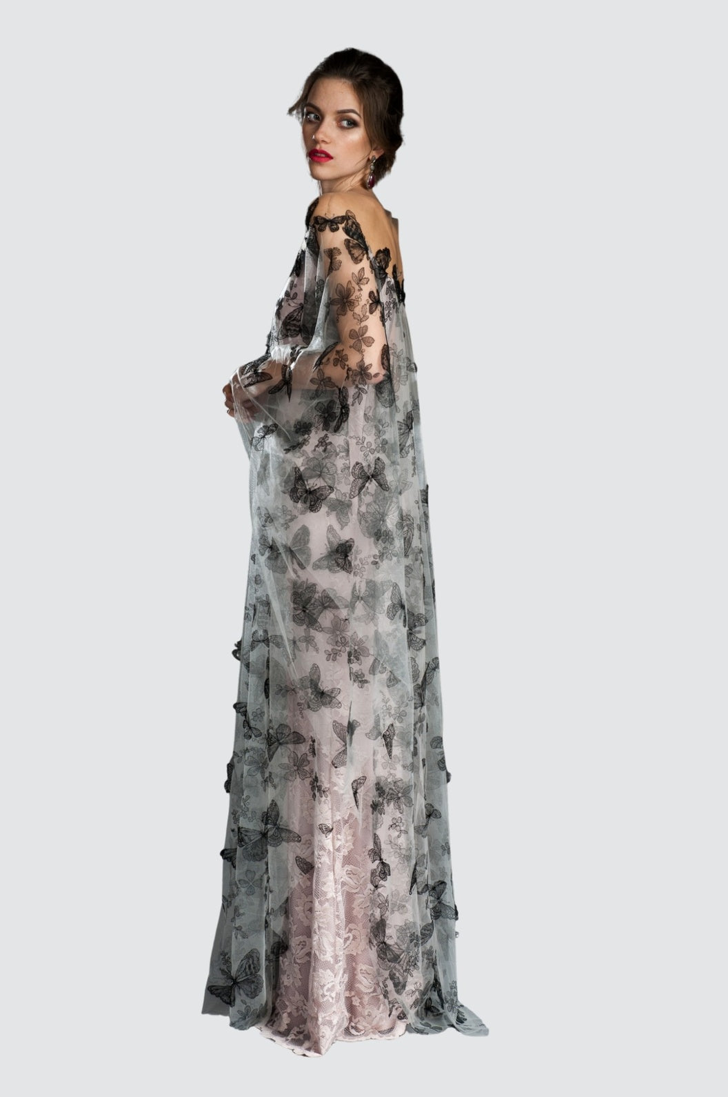 Butterfly Embroidered Tulle Gown with Lace Undergown