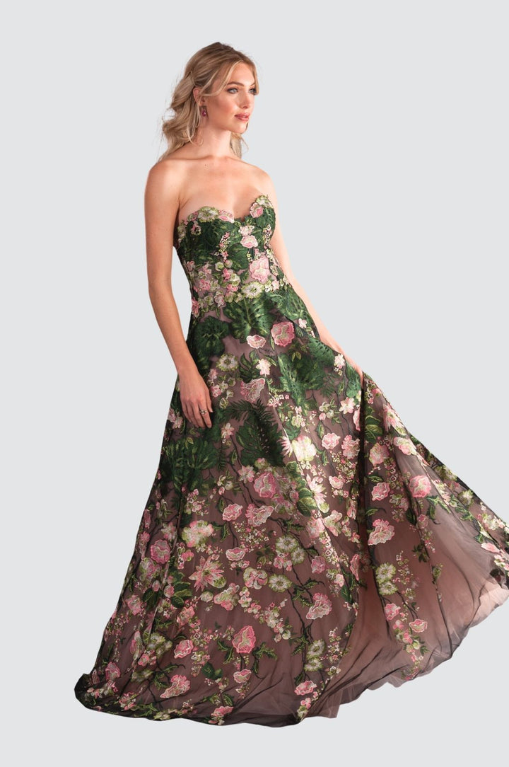 Elegant Strapless Floral Embroidered Gown