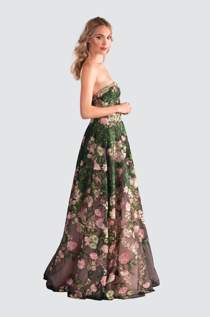 Elegant Strapless Floral Embroidered Gown