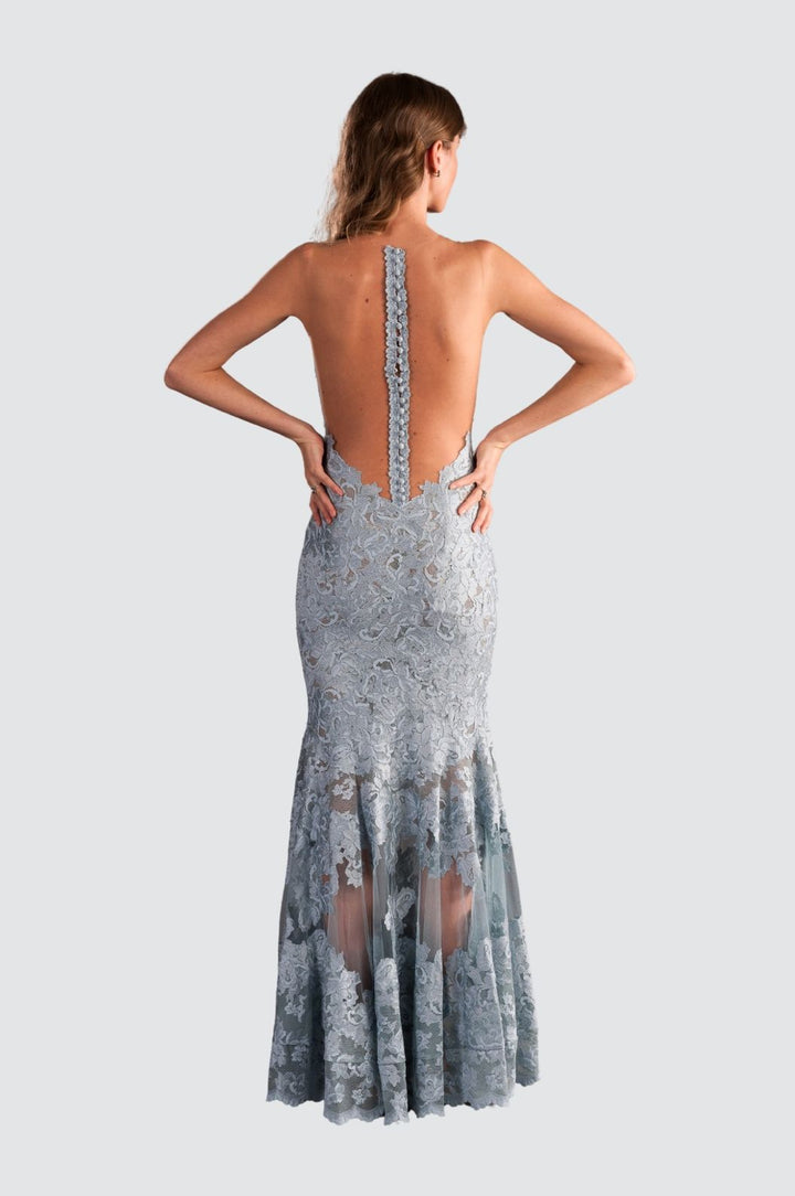 Elegant Sage Gown with Illusion