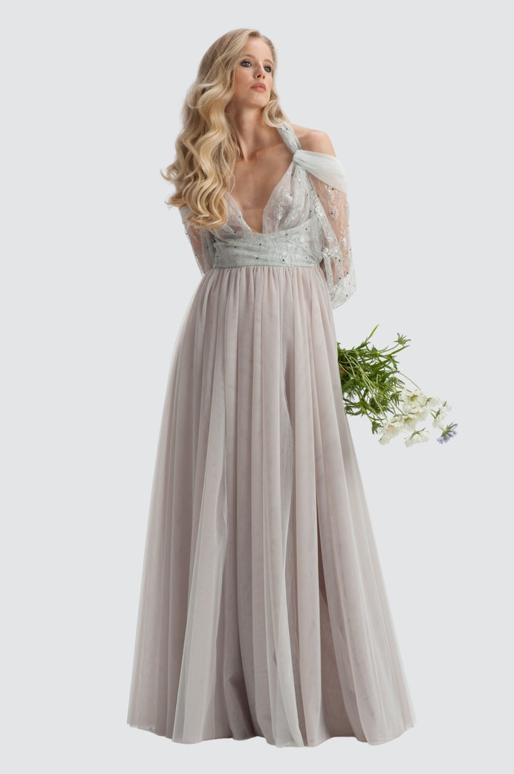 Silver Light Embroidered Tulle Off-Shoulder Gown