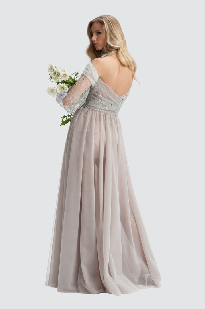 Silver Light Embroidered Tulle Off-Shoulder Gown