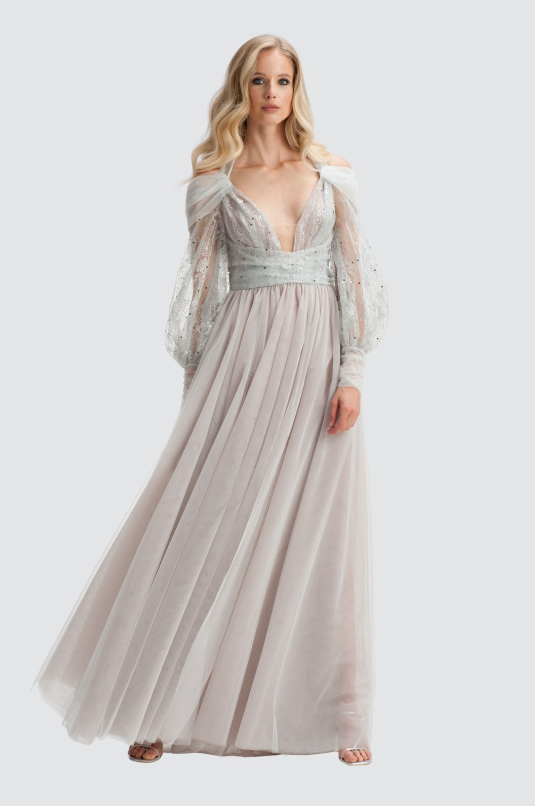 Silver Light Embroidered Tulle Off-Shoulder Gown