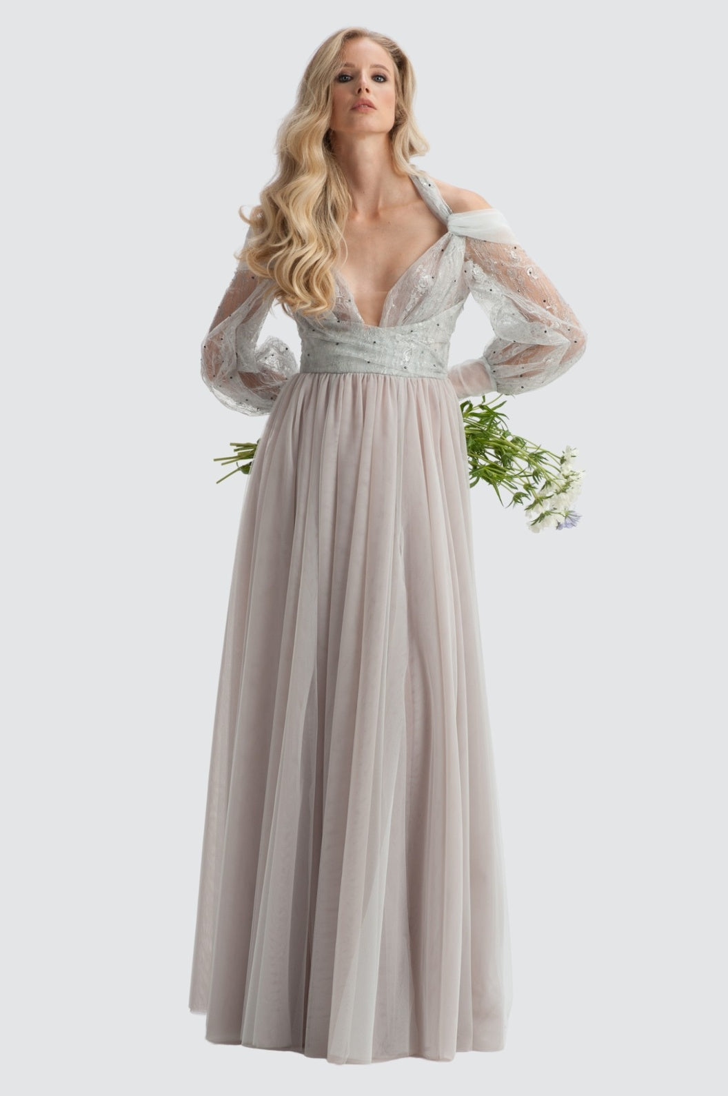 Silver Light Embroidered Tulle Off-Shoulder Gown