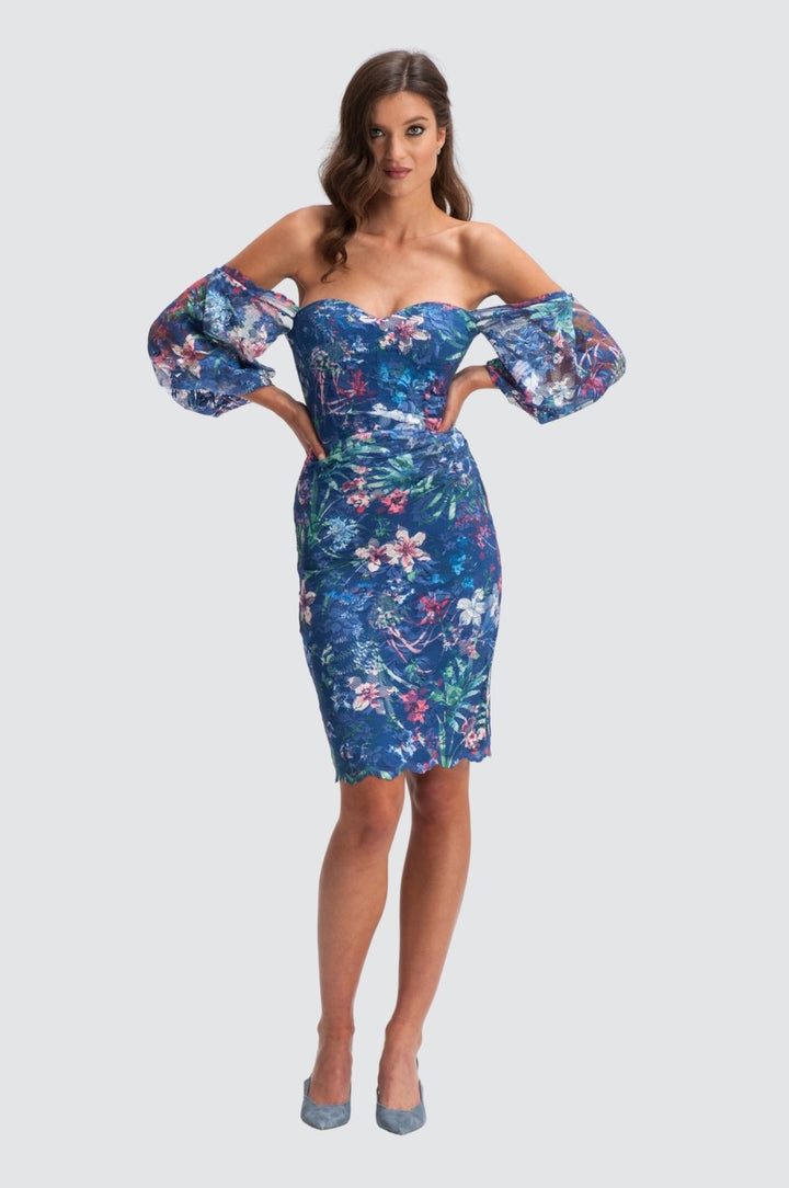 Floral Off-Shoulder Puff Sleeves Cocktail Dress
