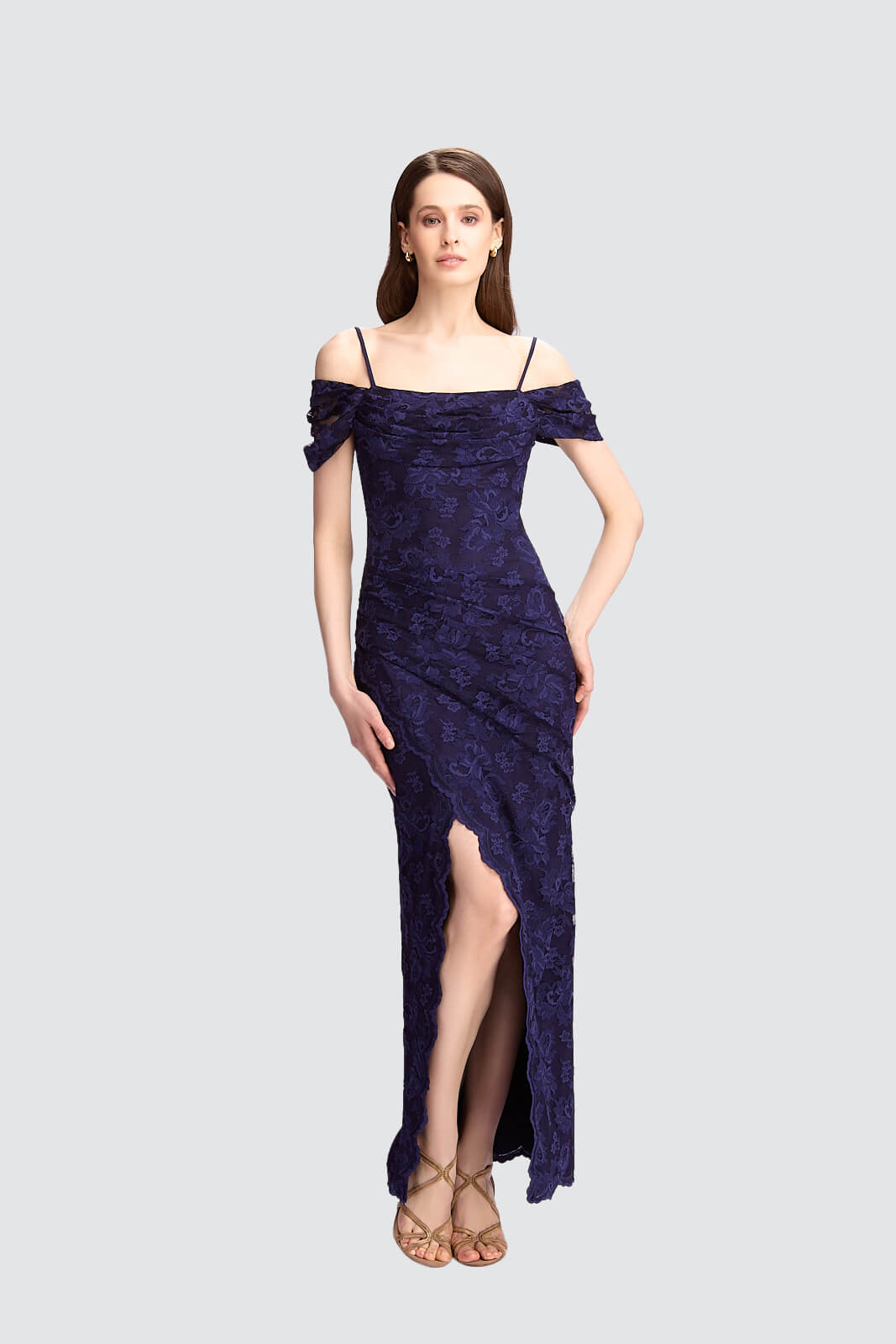 Off-Shoulder Lace Gown with Slit-0