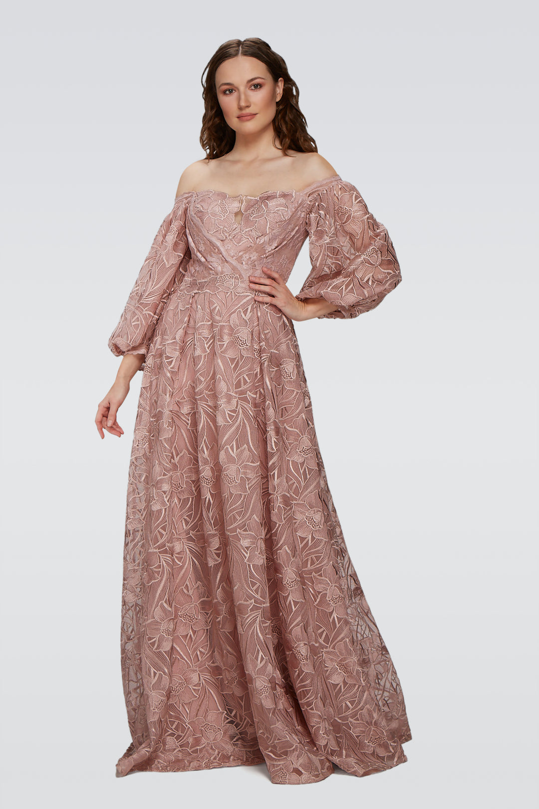 Off-shoulder with Puffy Sleeves Maxi Dress-0