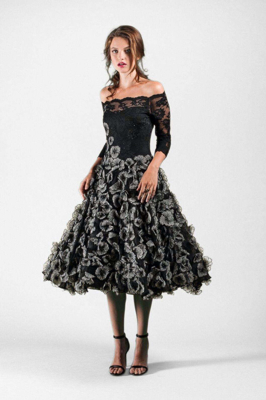 Off-Shoulder Midi Dress with Floral Detailing-0