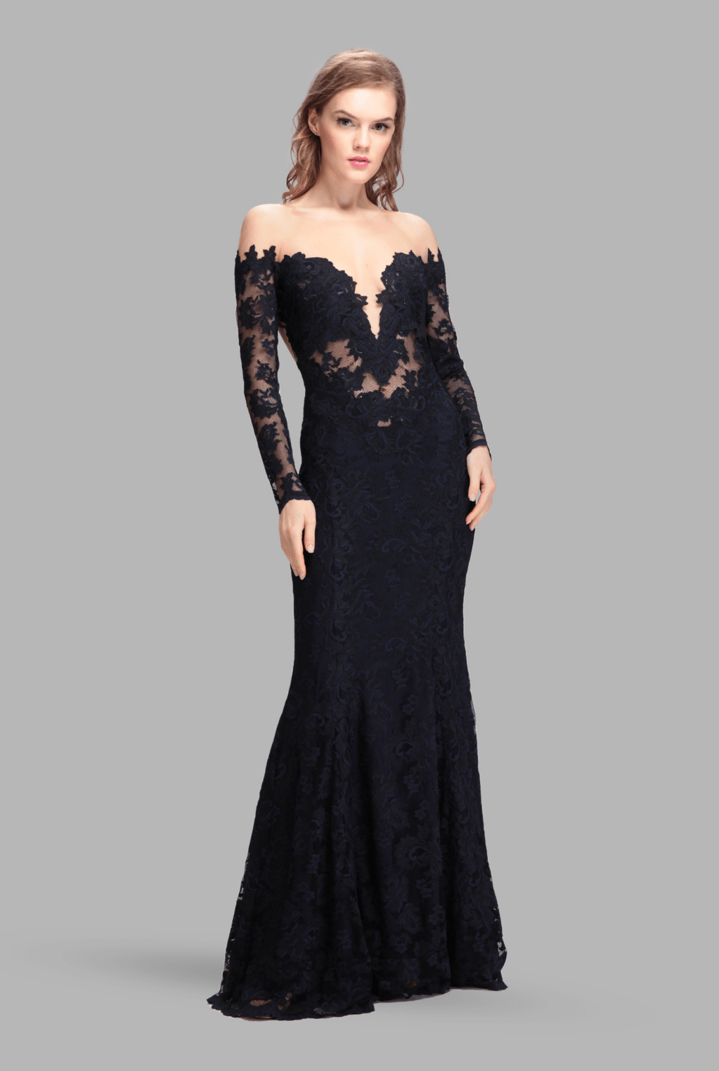 Illusion sheer neck off shoulder full sleeve gown-0