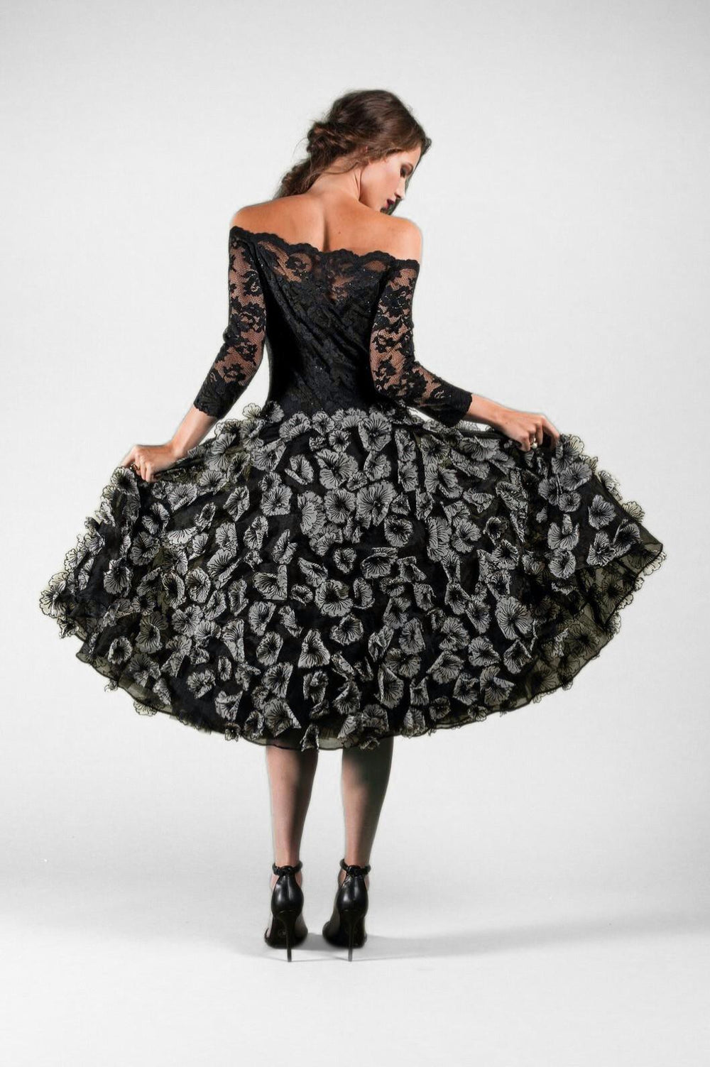 Off-Shoulder Midi Dress with Floral Detailing-1