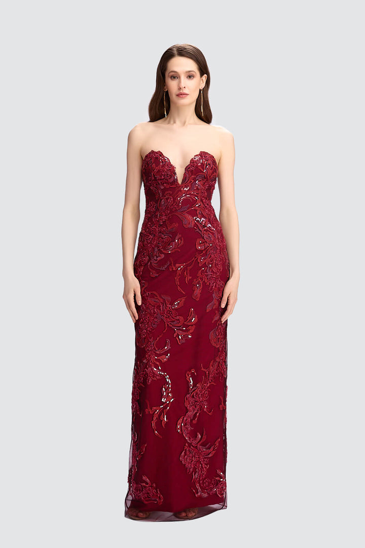 Strapless Embroidered Gown with Sequin Detailing-0
