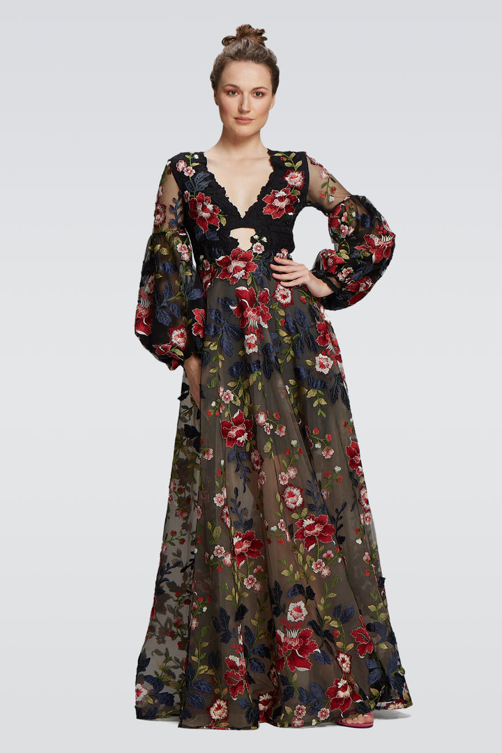 Black Maxi Dress with Blossom Trimming-0