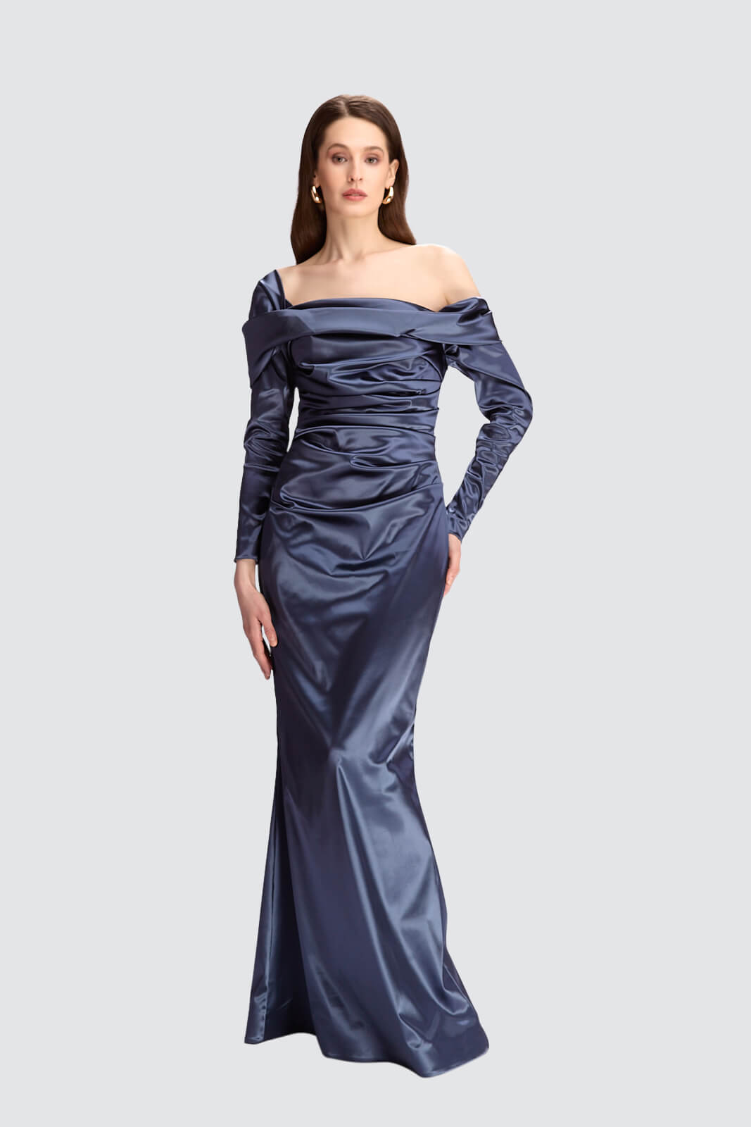 Off-Shoulder Satin Gown with Draped Detailing-0