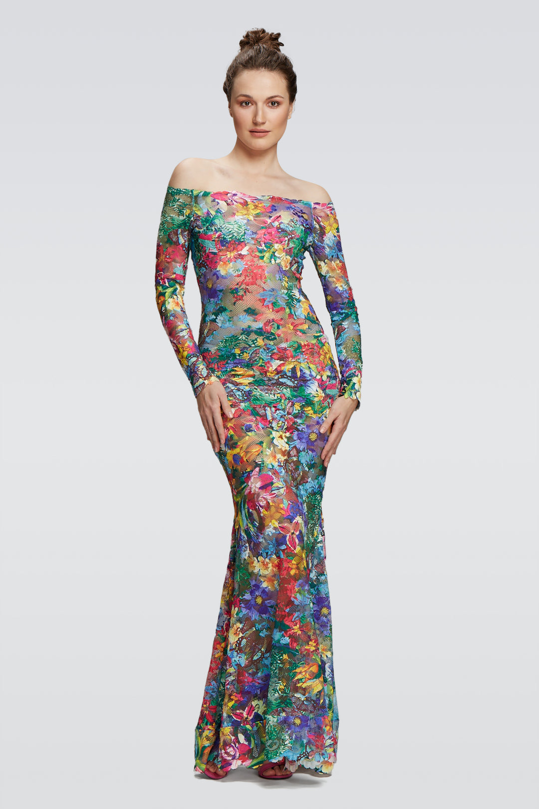 Floral Print Long Lace Gown-0