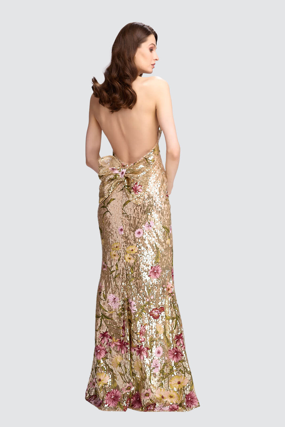 Gold Sequin Halter-Neck Floral Gown-1