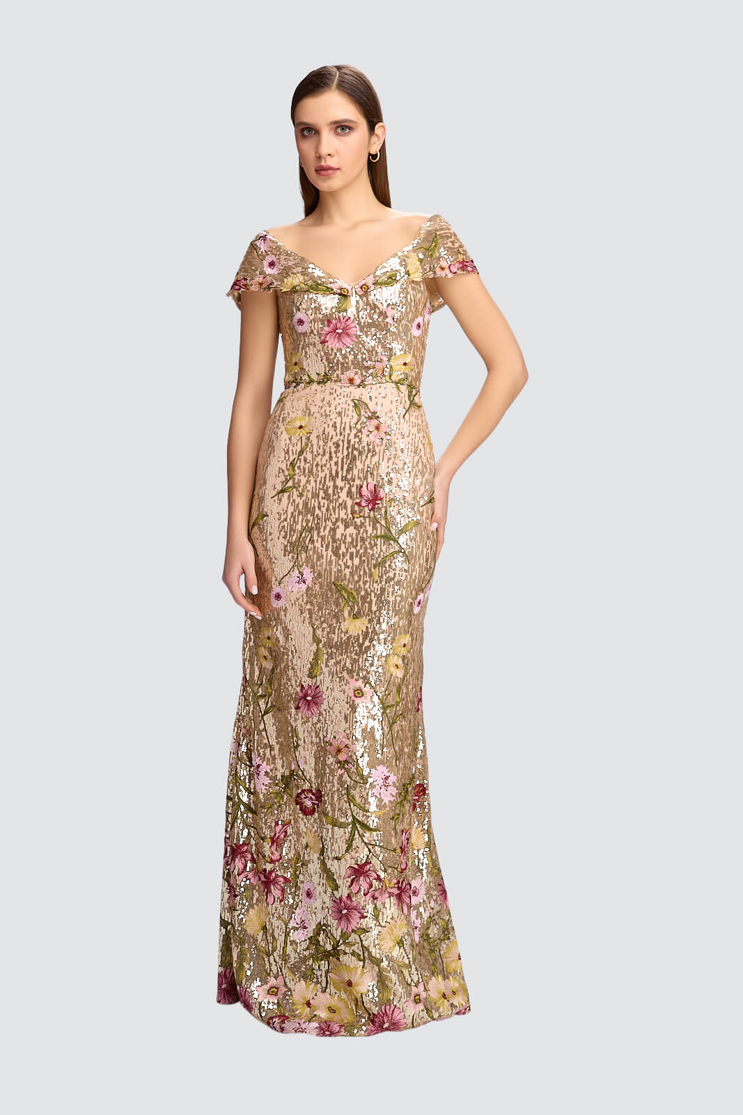 Gold Sequin Off-Shoulder Floral Gown-0