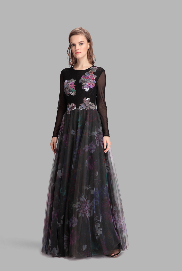 Floral long tulle full-length mesh gown-0