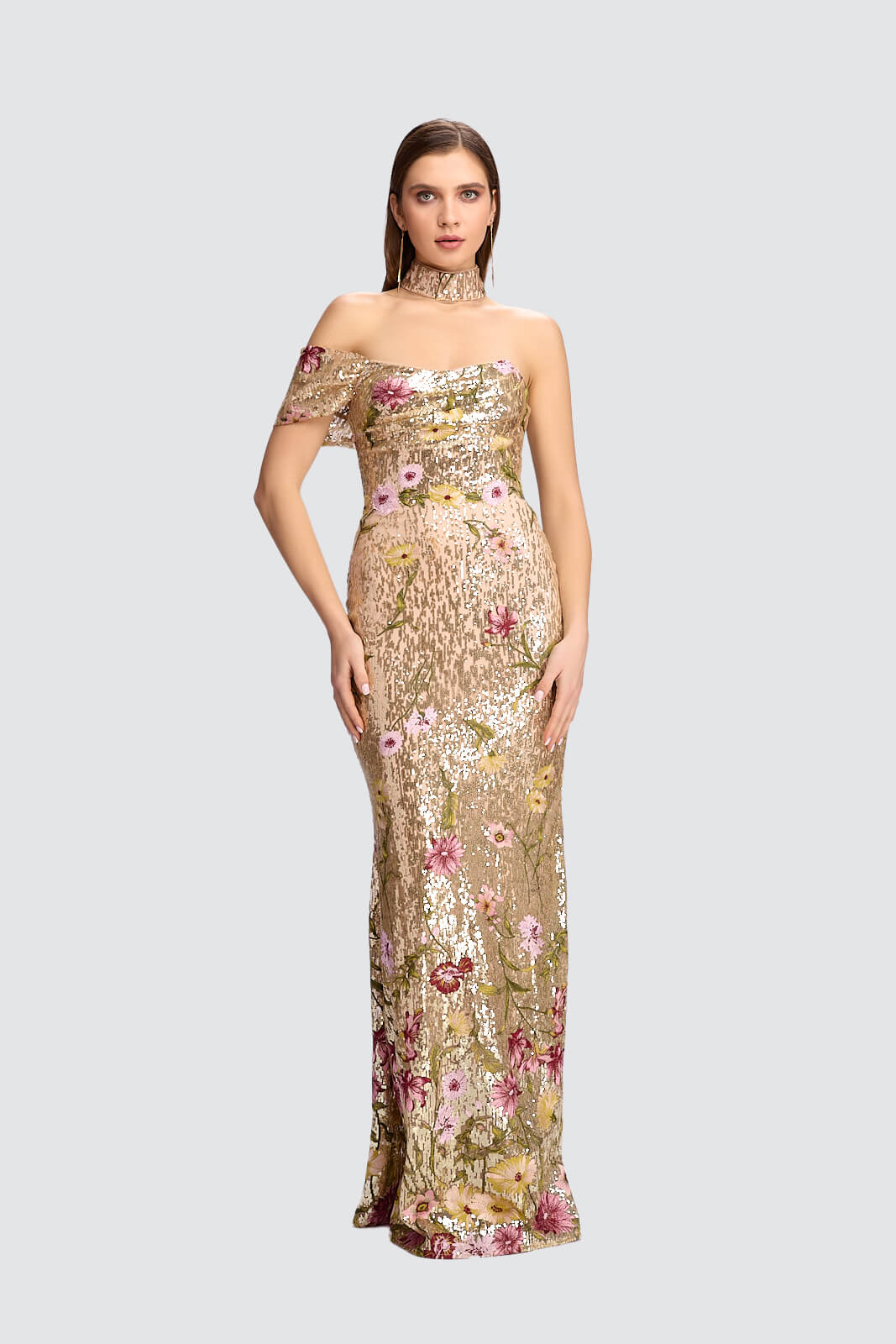Gold Sequin Floral Off-Shoulder Gown-0