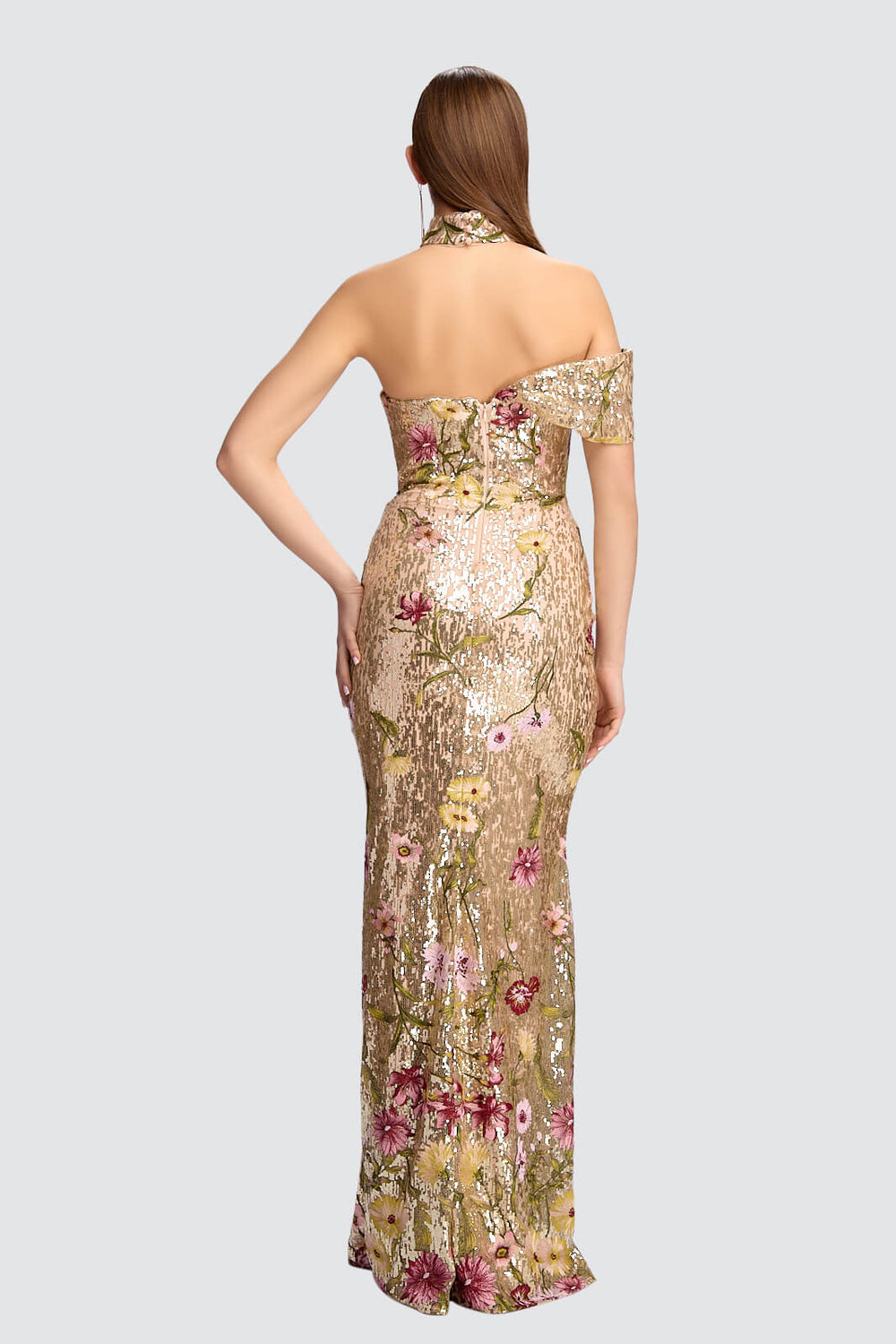 Gold Sequin Floral Off-Shoulder Gown-1