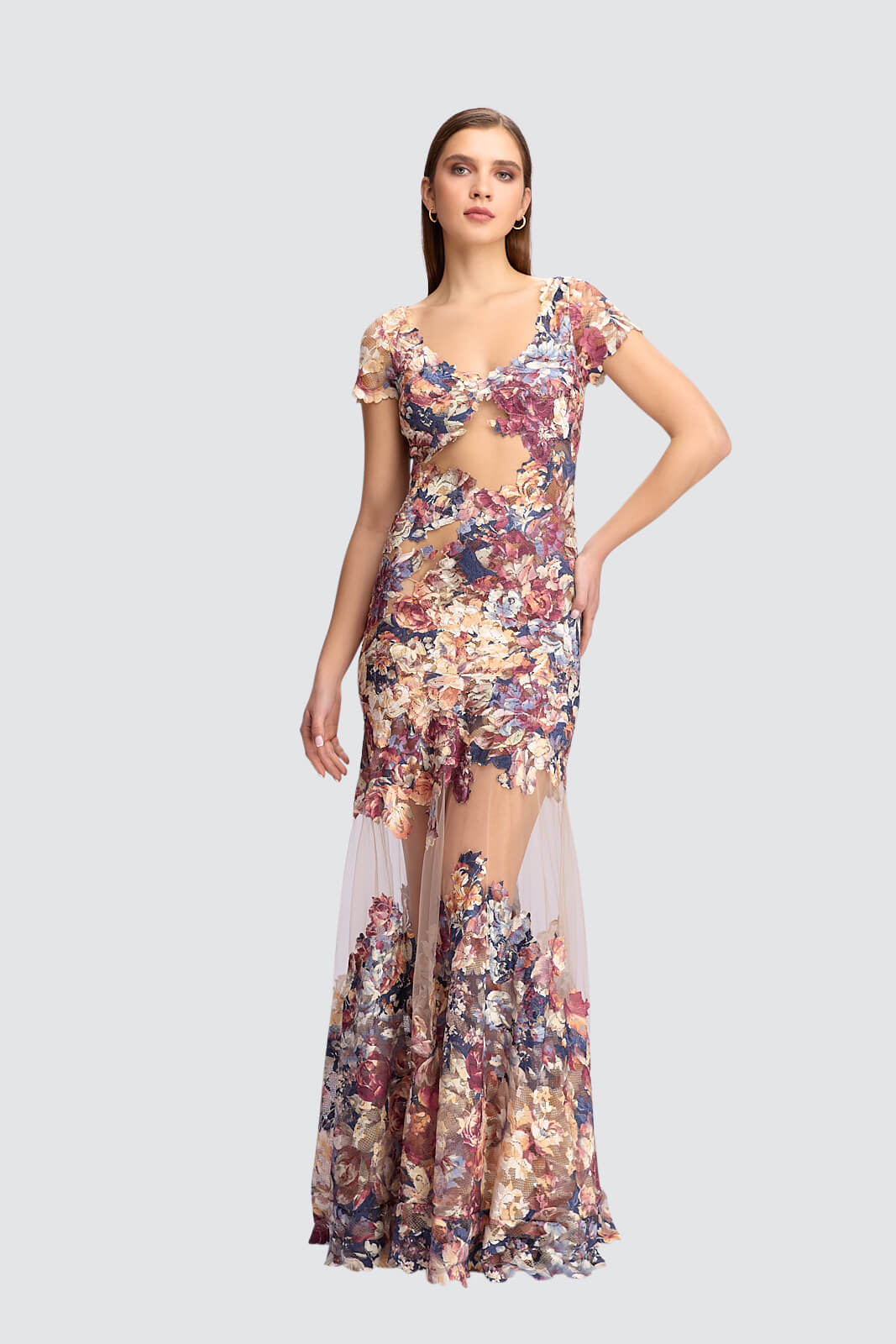 Floral Appliqué Illusion Gown-0