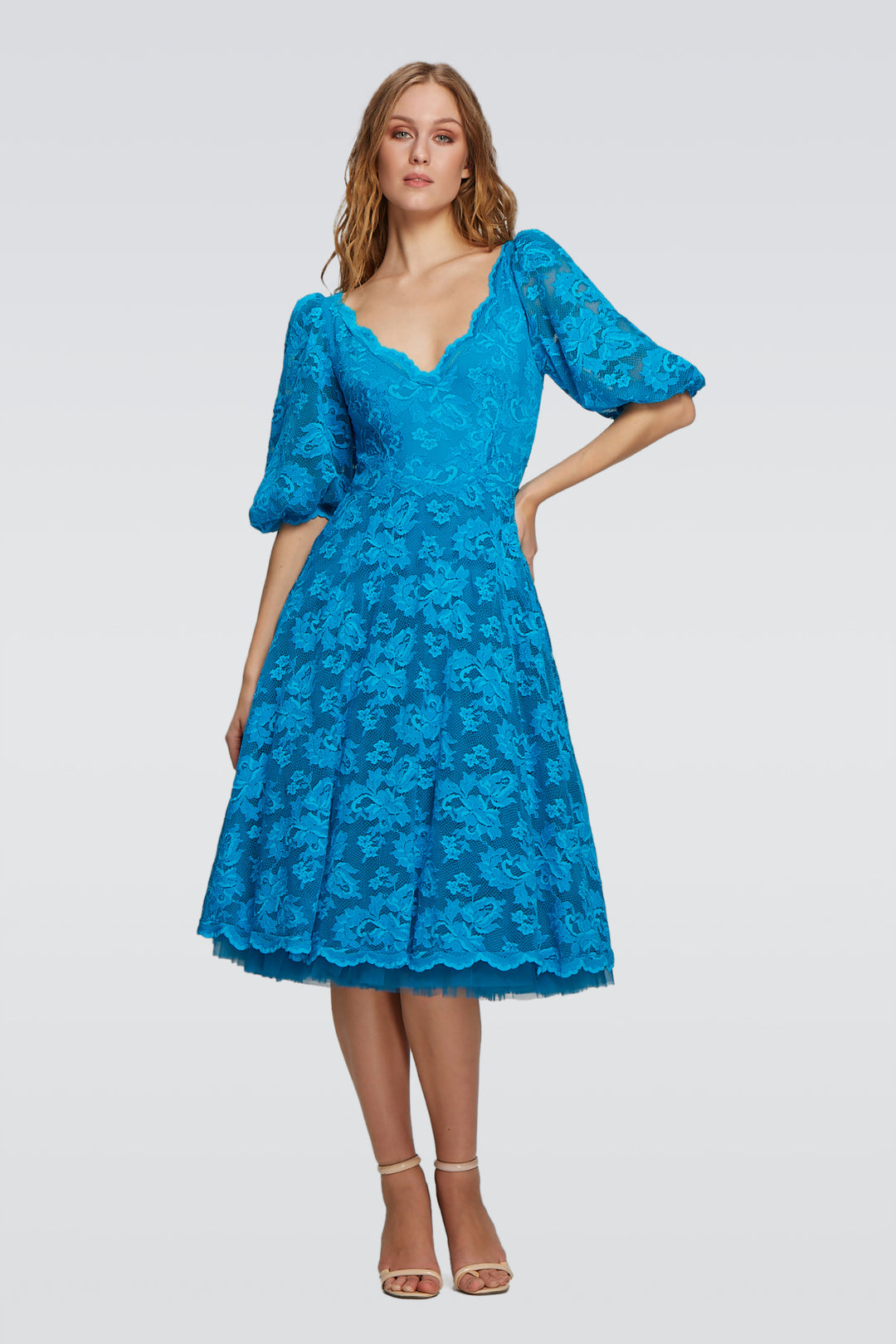 Ocean Puffy Sleeves Midi Dress-0