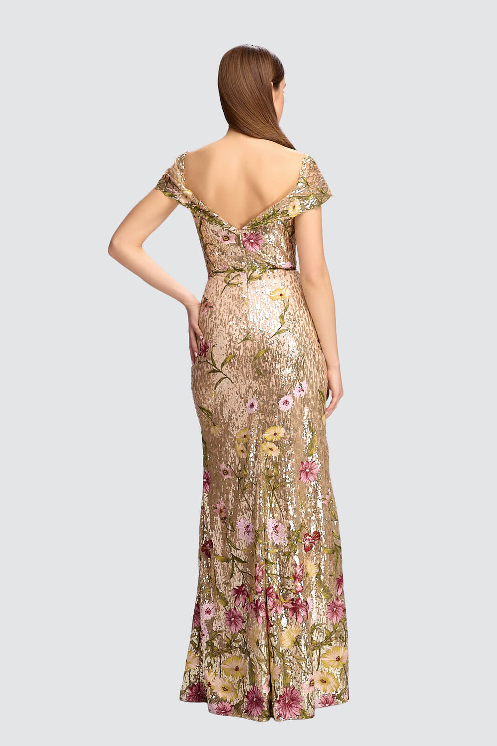 Gold Sequin Off-Shoulder Floral Gown-1