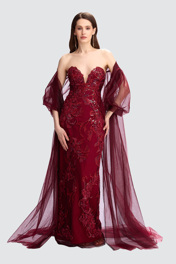 Embroidered Gown with Matching Tulle Cape Set-0