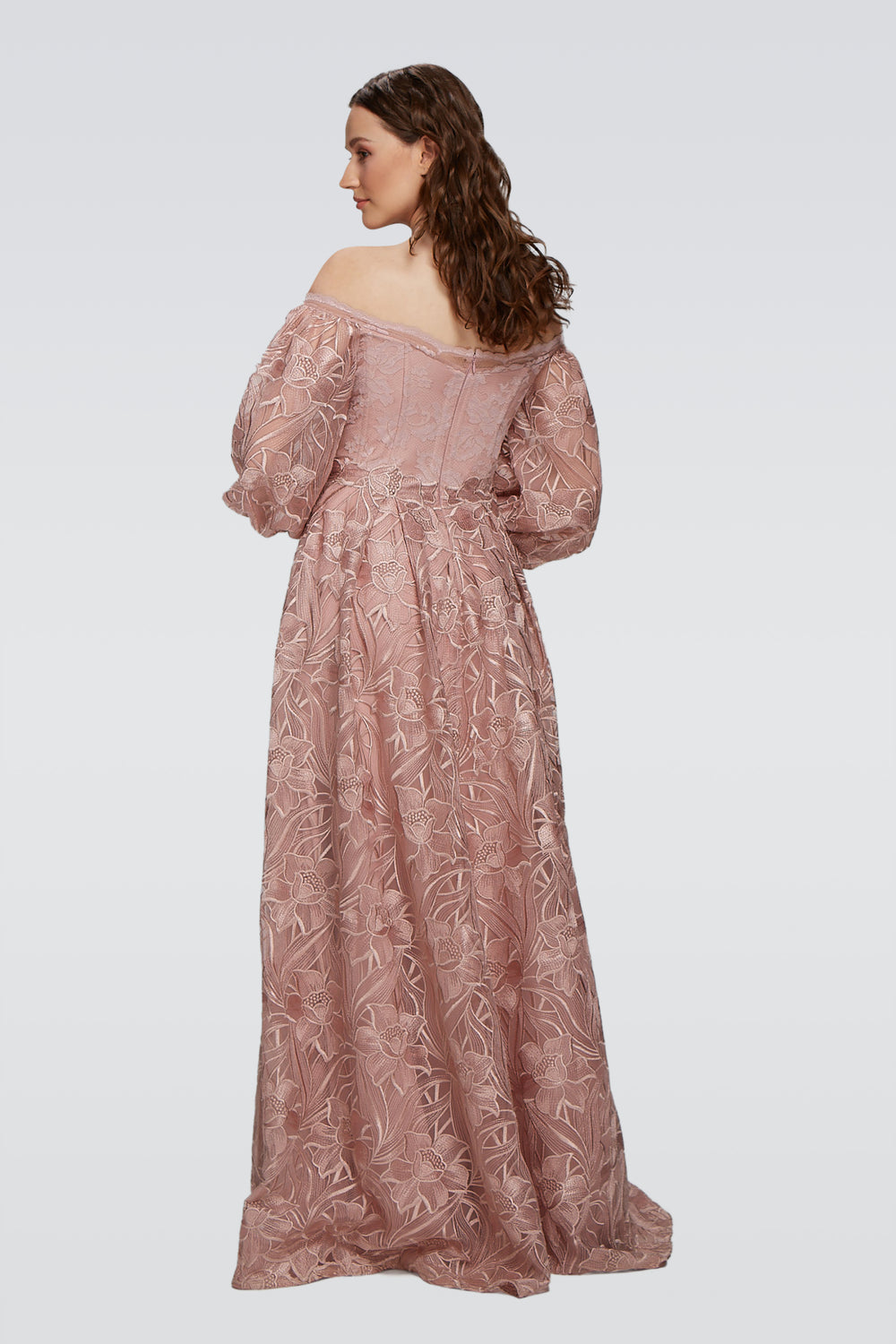 Off-shoulder with Puffy Sleeves Maxi Dress-1