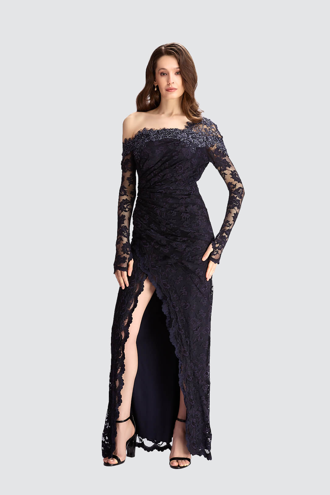 Noir Seduction One-Shoulder Lace Gown-0
