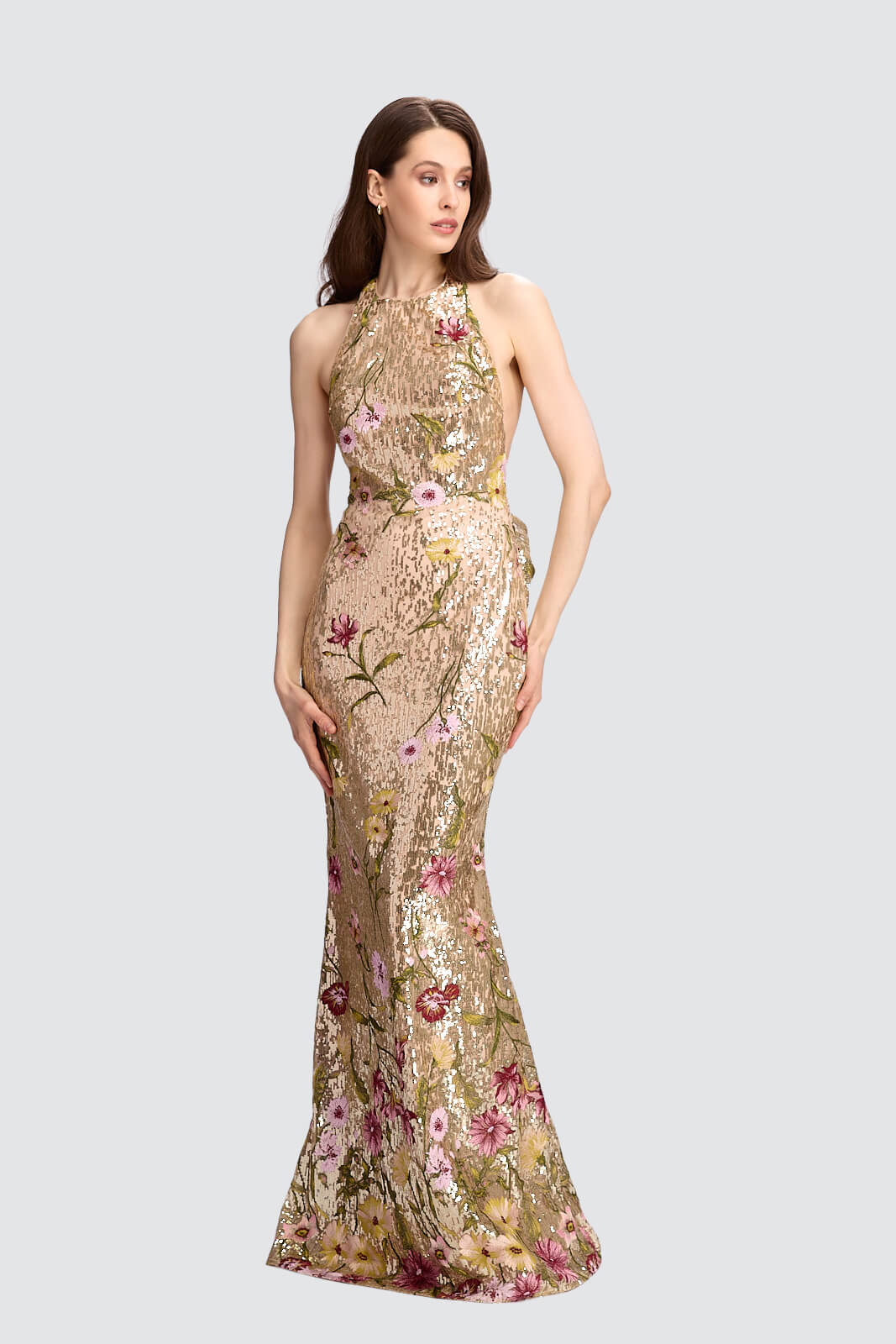 Gold Sequin Halter-Neck Floral Gown-0