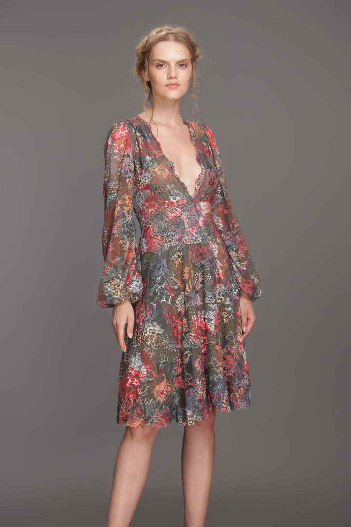 Deep neck printed coktail dress-0